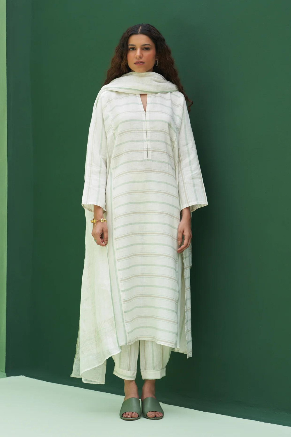 Ezra Striped Linen Kurta Set - Mint