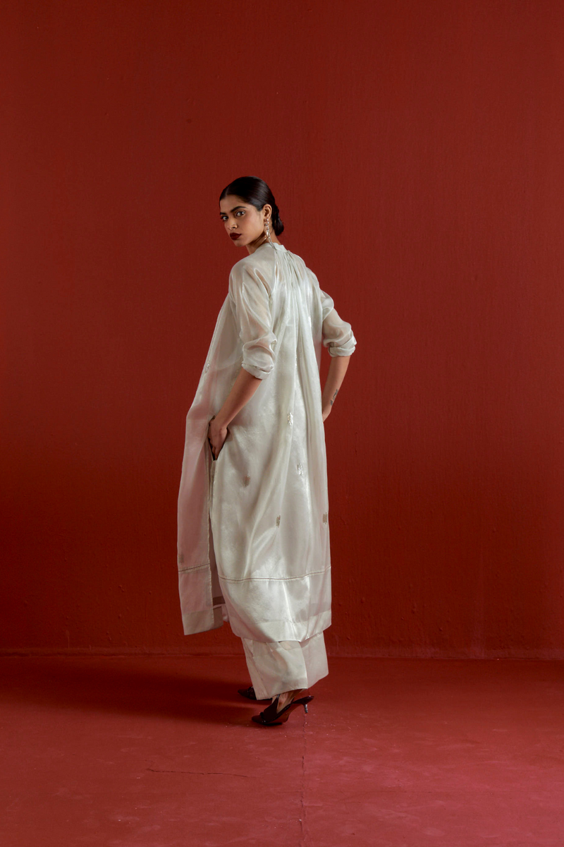 EMB. GATHER NECK SHIRT CO-ORD-METALLIC GREY tissue by THREE in grey color for women Worldwide