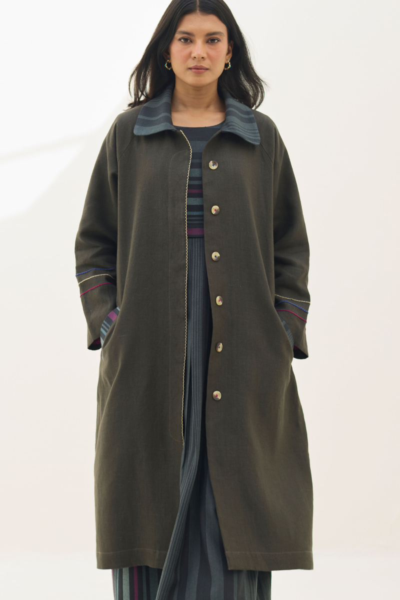 Juniper Linen Coat - Olive Charcoal all linen by Manan in charcoal color for women Worldwide