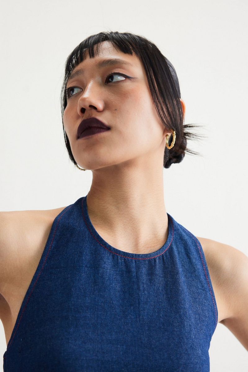 Deepwater Denim Halter Top cotton by SUI in blue color for women Worldwide