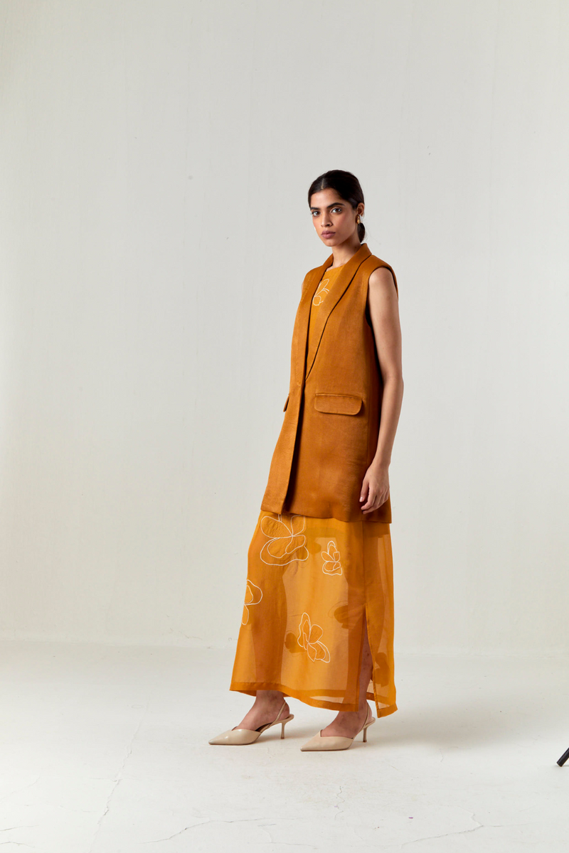 COLLARED WAIST COAT CO-ORD-OCHRE satin by THREE for women Worldwide