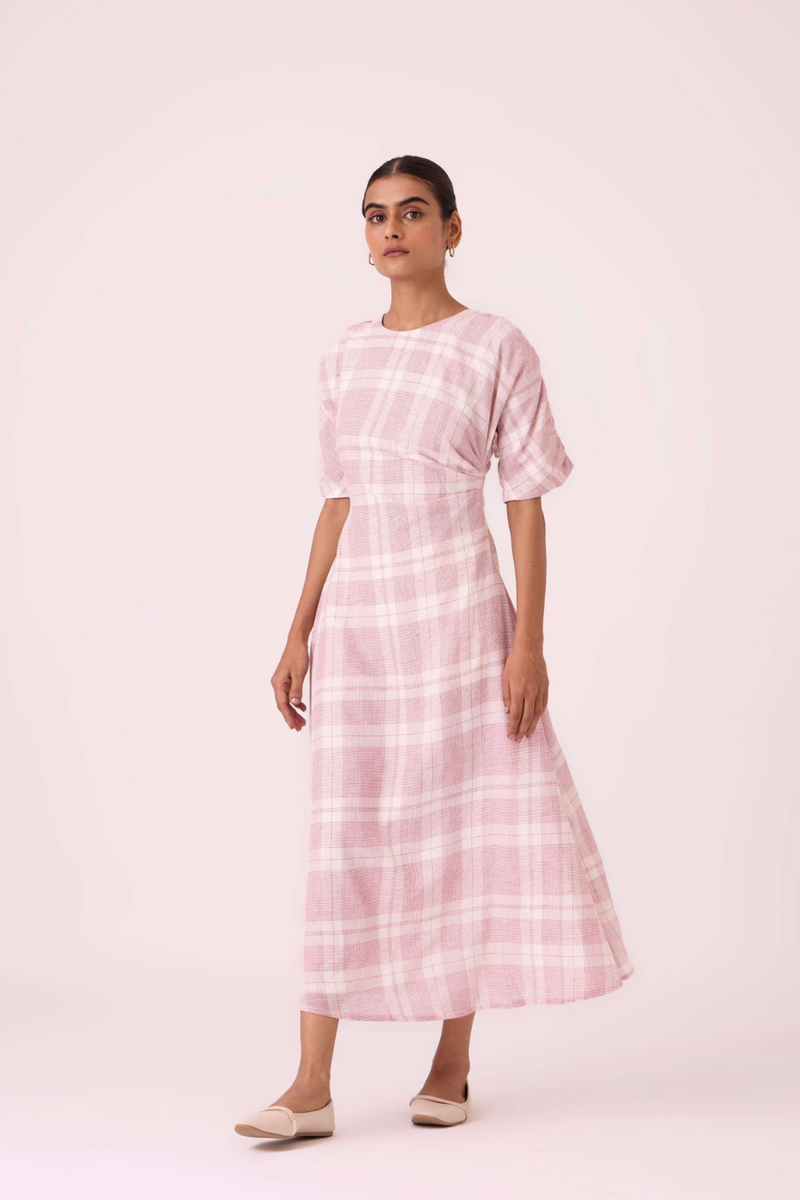 Pine Checkered Handwoven Dress cotton by The Summer House in white color for women Worldwide