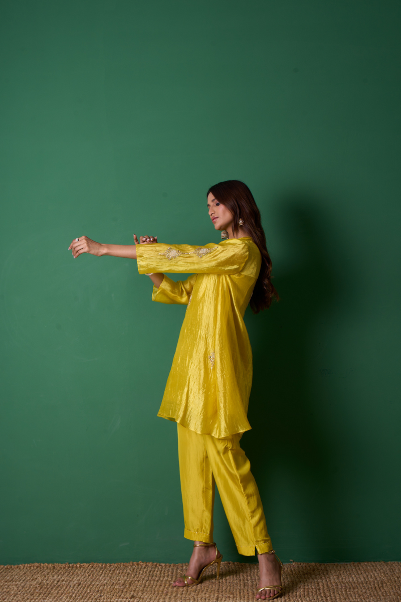 Paradise Kurta Set - Yellow with Dupatta organza by Priti Prashant in yellow color for women Worldwide