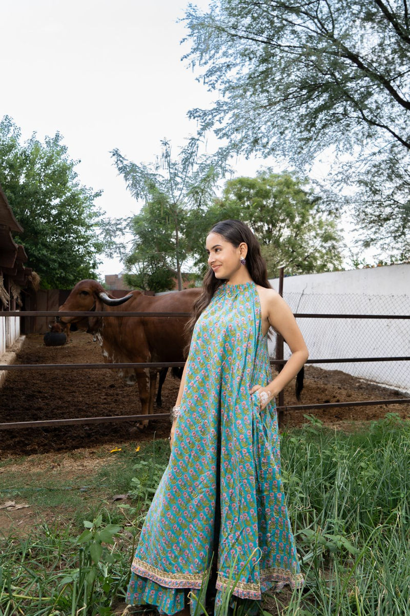 Saundh Sea Green and Pink Cotton hand block printed floral ghera dress cotton by Maison Shefali in multi color for women Worldwide