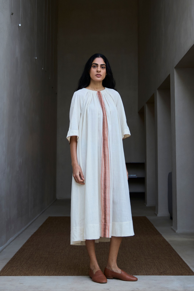Bulan Handwoven Striped Midi Dress cotton by The Summer House in white color for women Worldwide