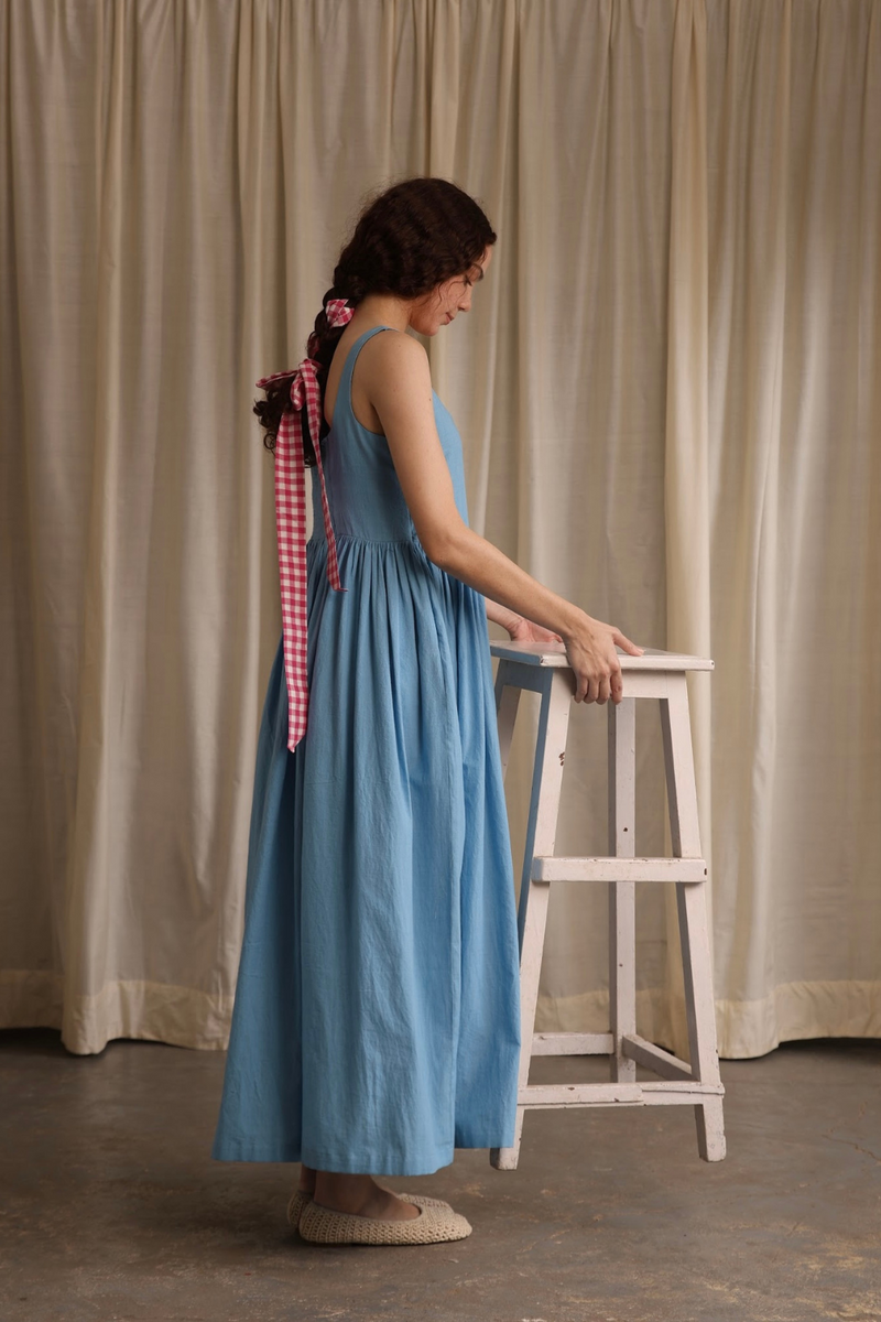 Mia Dress- Cornflower cotton by MASON AND MILL in blue color for women Worldwide