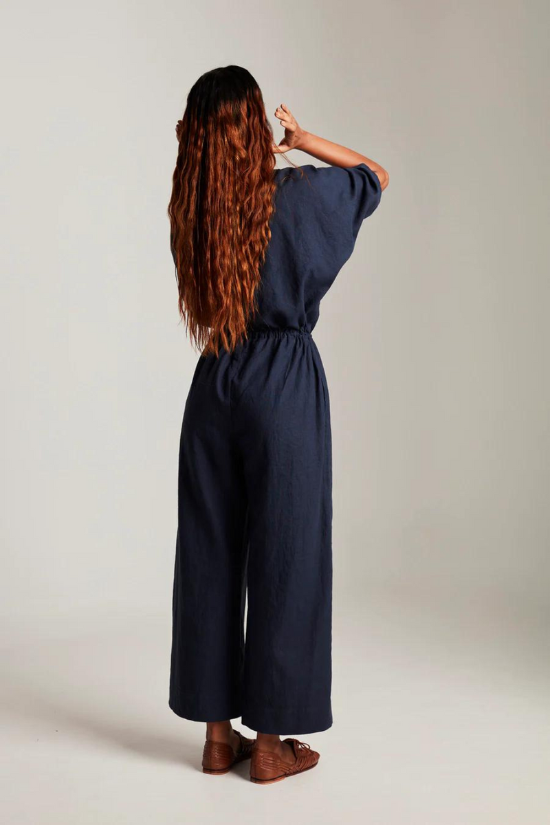 Navy Co-Linen Boilersuit cotton by Saphed in navy color for women Worldwide