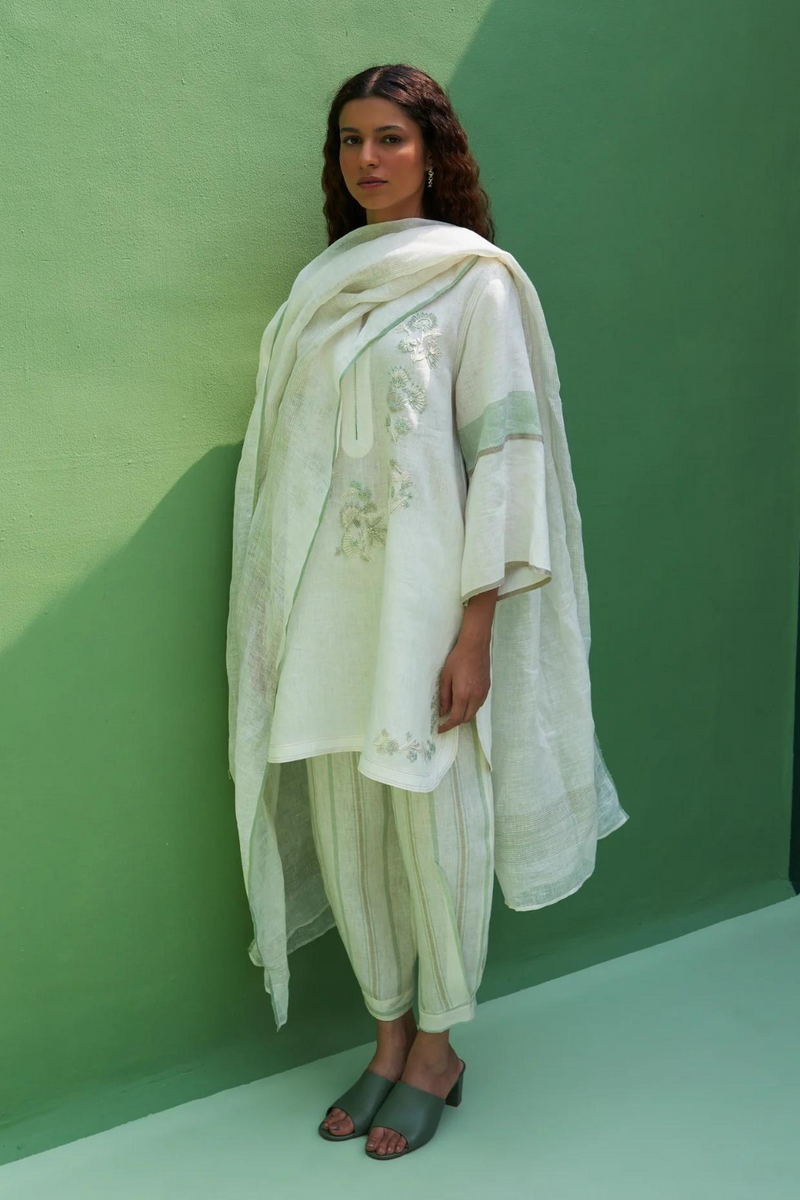 Insha Hand-Embroidered Kurta Set
 - Ivory linen by Manan in ivory color for women Worldwide