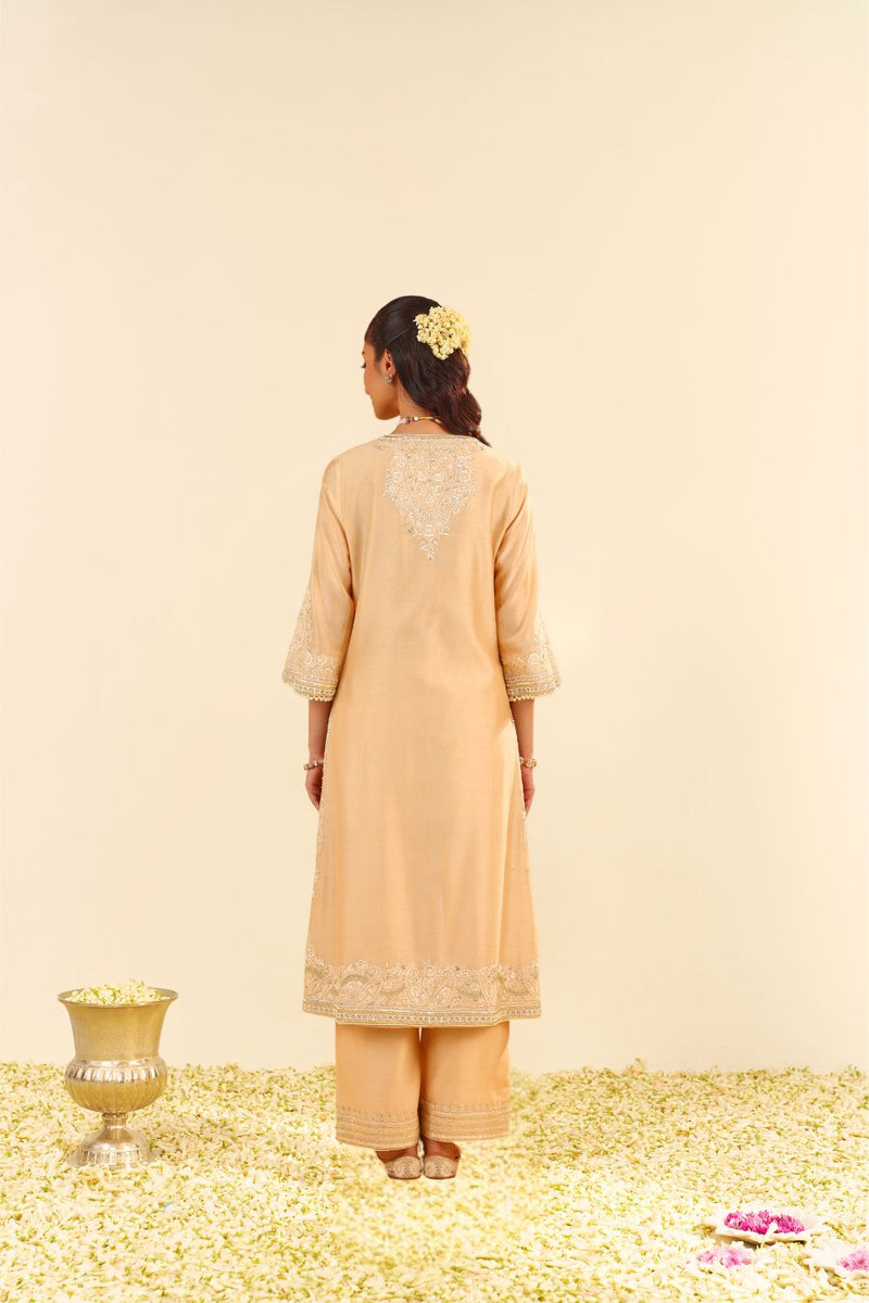 Sereen - A-Line Kurta With Palazzo And Dupatta-Beige silk by SHEETAL BATRA in beige color for women Worldwide