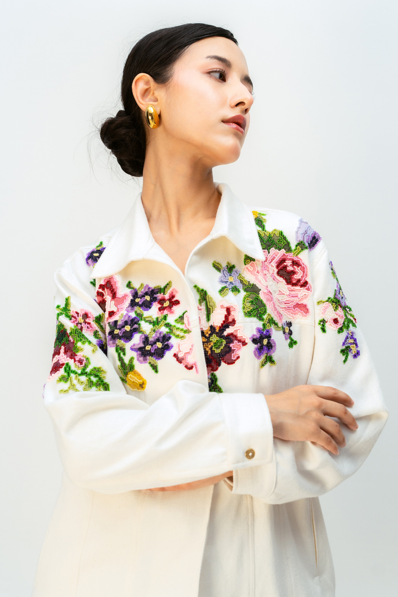 TINTS OF YOU JACKET handwoven denim jacket/overlay by Ode to Odd in off white for women Worldwide