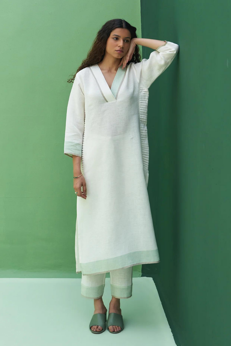 June Border Linen Pleated Kurta
 - Ivory linen by Manan in ivory color for women Worldwide