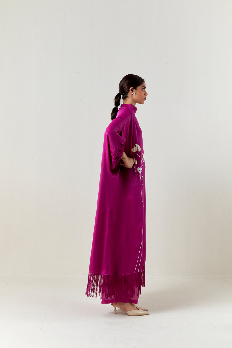 FLORAL FRINGE KAFTAN CO-ORD-FUCHSIA satin by THREE for women Worldwide