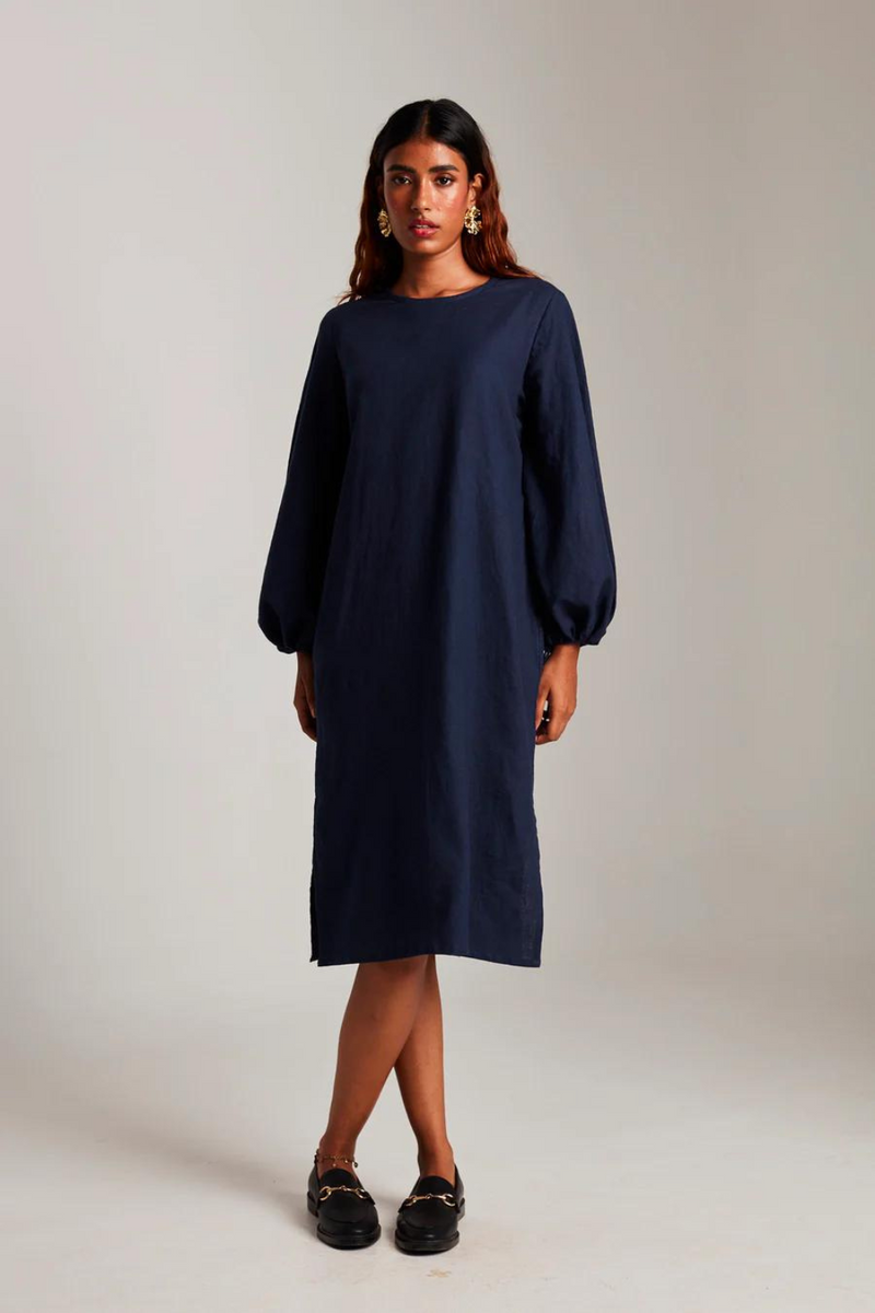 Navy Co-Linen Balloon Sleeves Dress cotton by Saphed in navy color for women Worldwide