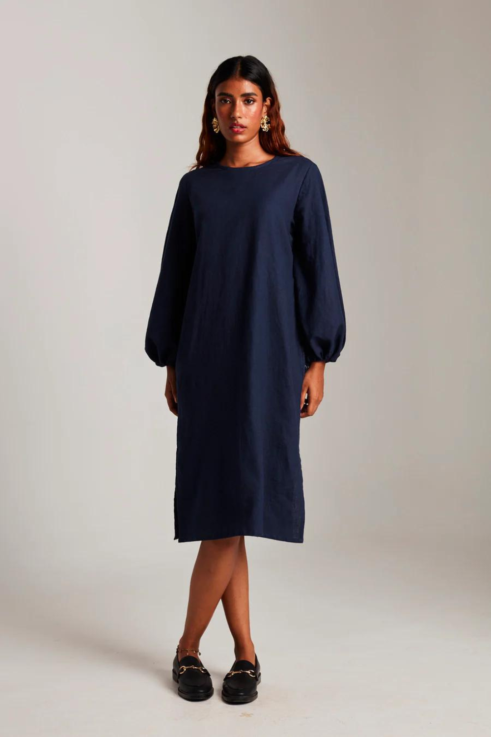 Navy Co-Linen Balloon Sleeves Dress