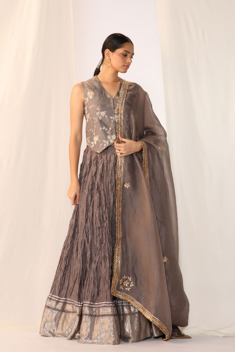 Brocade waistcoat paired with a crushed skirt-Dove Grey chanderi by Myoho in grey color for women Worldwide