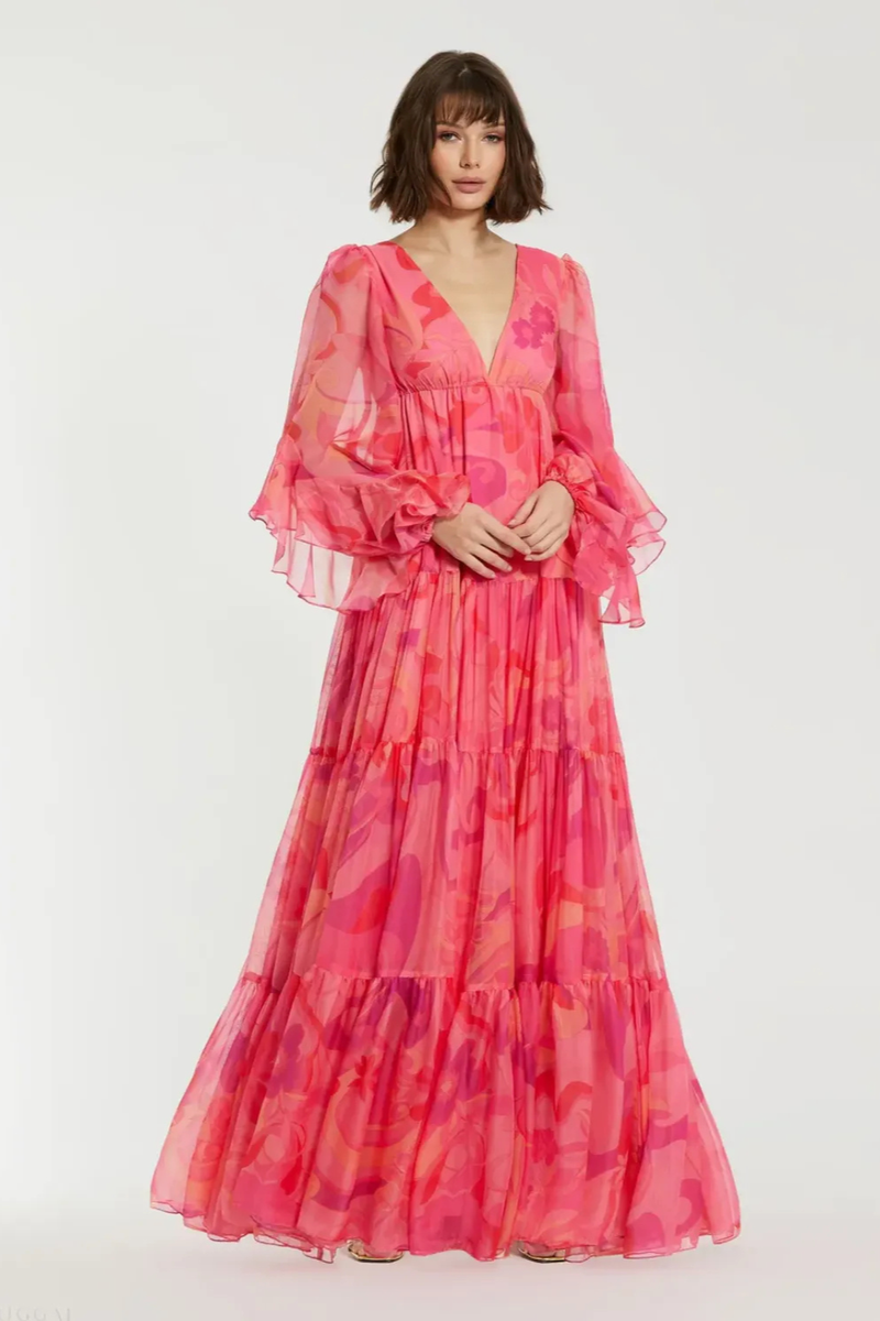 Pink Hibiscus Printed Chiffon Ruffle Long Sleeve V Neck Maxi Dress chiffon by Mac Duggal in multi color for women Worldwide