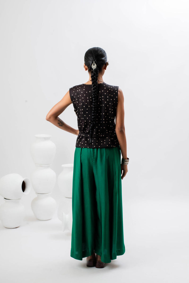 Tora Masai AJRAK Waist Coat Top & Oversize Pants satin by PRAHNAAYA in black color for women Worldwide