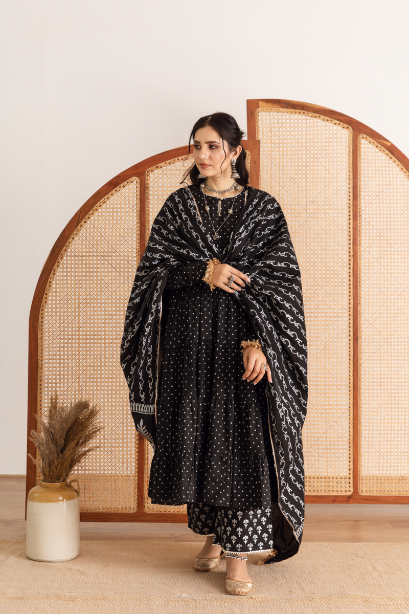 Raat Rani Set - black hand printed cotton kalidar suit set cotton by Maison Shefali in black color for women Worldwide