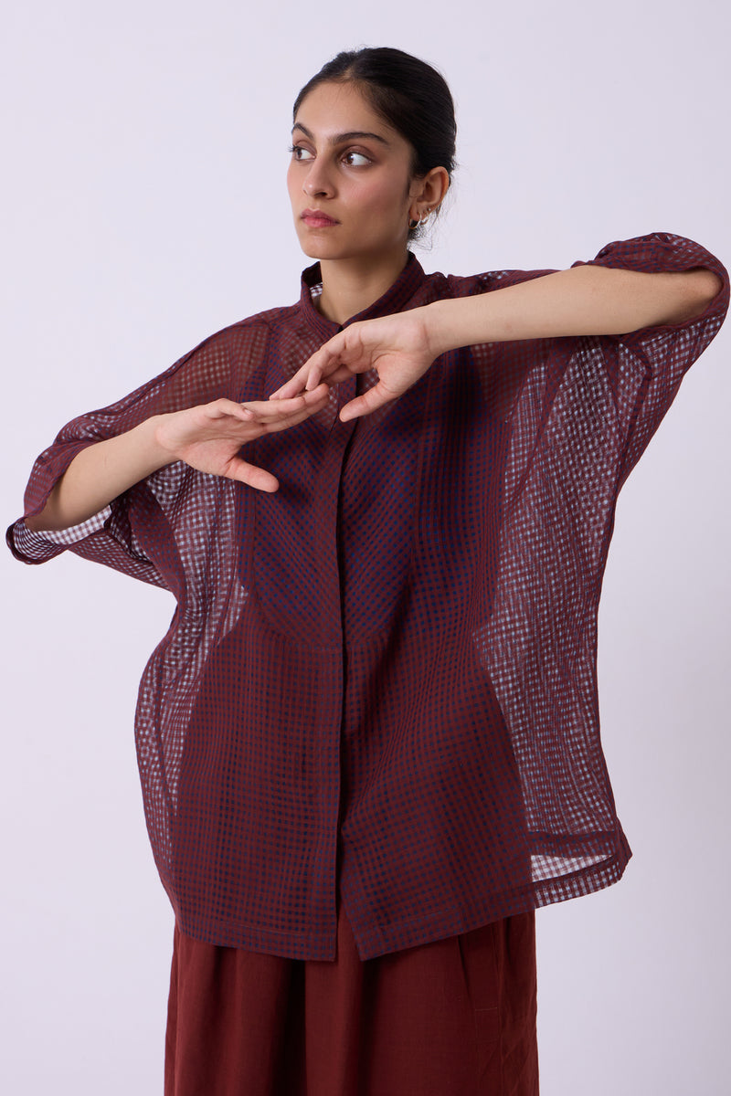 Zuri Blue Checkered HandwovenTop handwoven silk cotton top/shirt by The Summer House in blue for women Worldwide