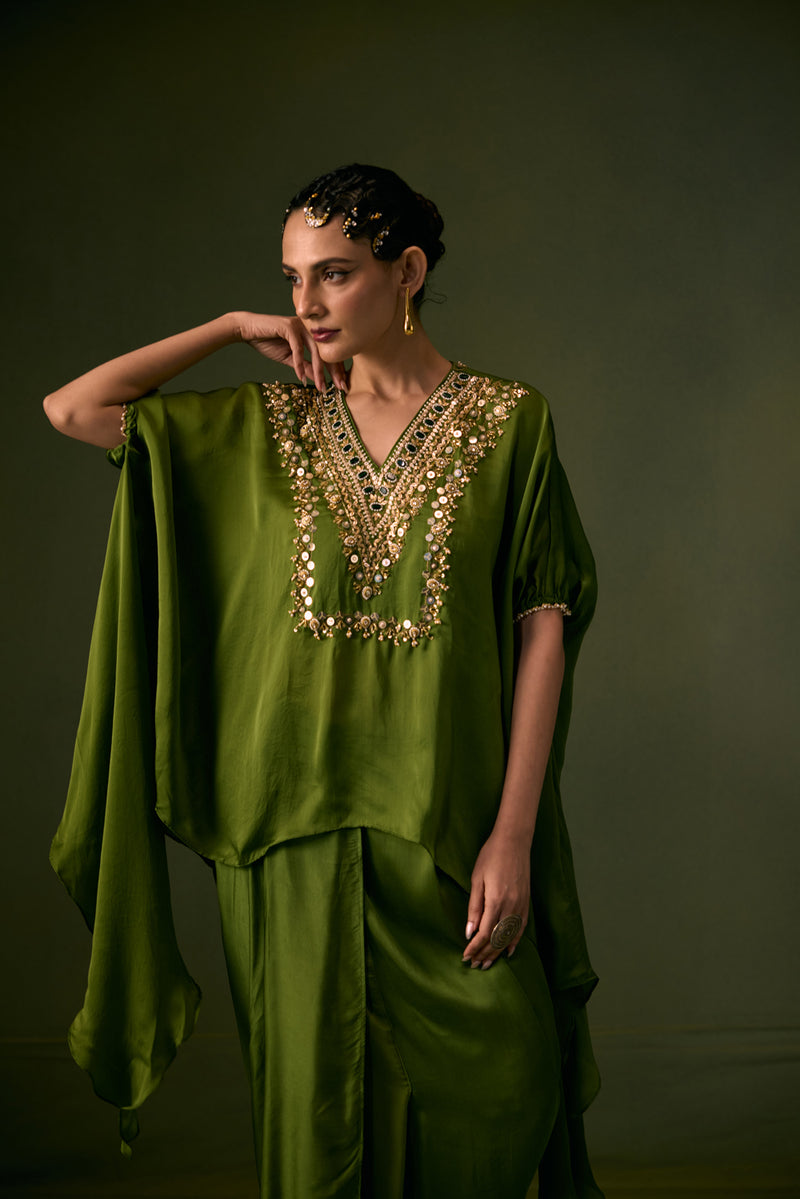 Cove Antifit Asymmetric Top with Pleated Skirt vegan satin, organza satin indo-western by PRAHNAAYA in green for women Worldwide