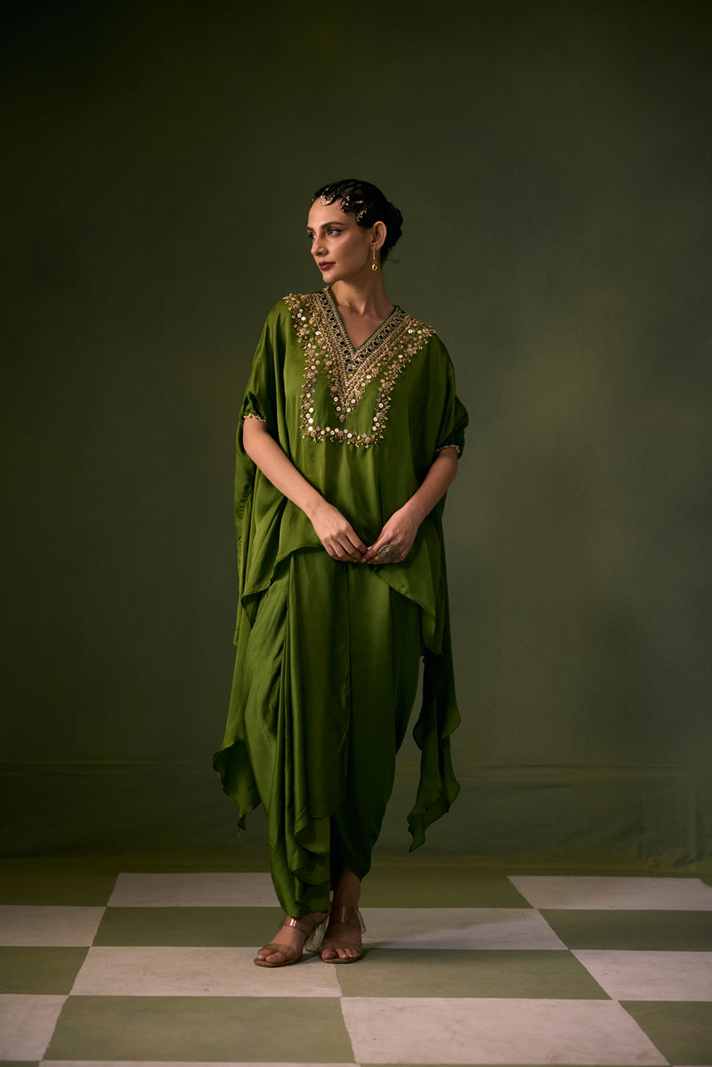Cove Antifit Asymmetric Top with Pleated Skirt vegan satin, organza satin indo-western by PRAHNAAYA in green for women Worldwide