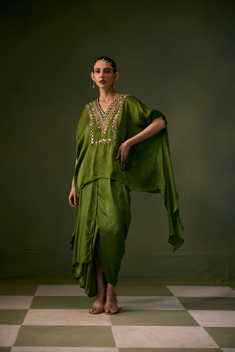 Cove Antifit Asymmetric Top with Pleated Skirt vegan satin, organza satin indo-western by PRAHNAAYA in green for women Worldwide