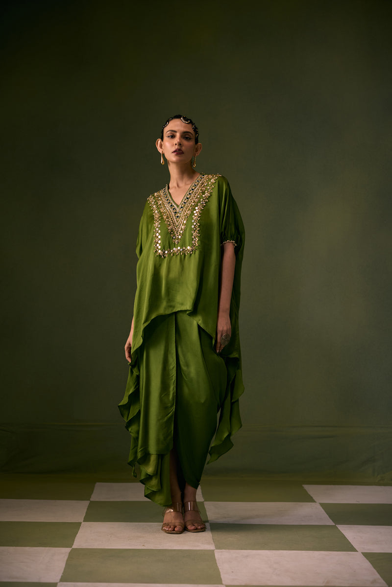 Cove Antifit Asymmetric Top with Pleated Skirt vegan satin, organza satin indo-western by PRAHNAAYA in green for women Worldwide