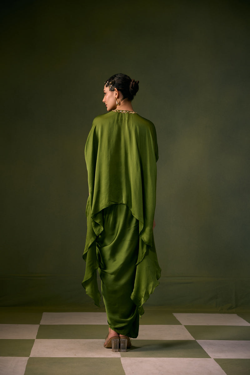 Cove Antifit Asymmetric Top with Pleated Skirt vegan satin, organza satin indo-western by PRAHNAAYA in green for women Worldwide
