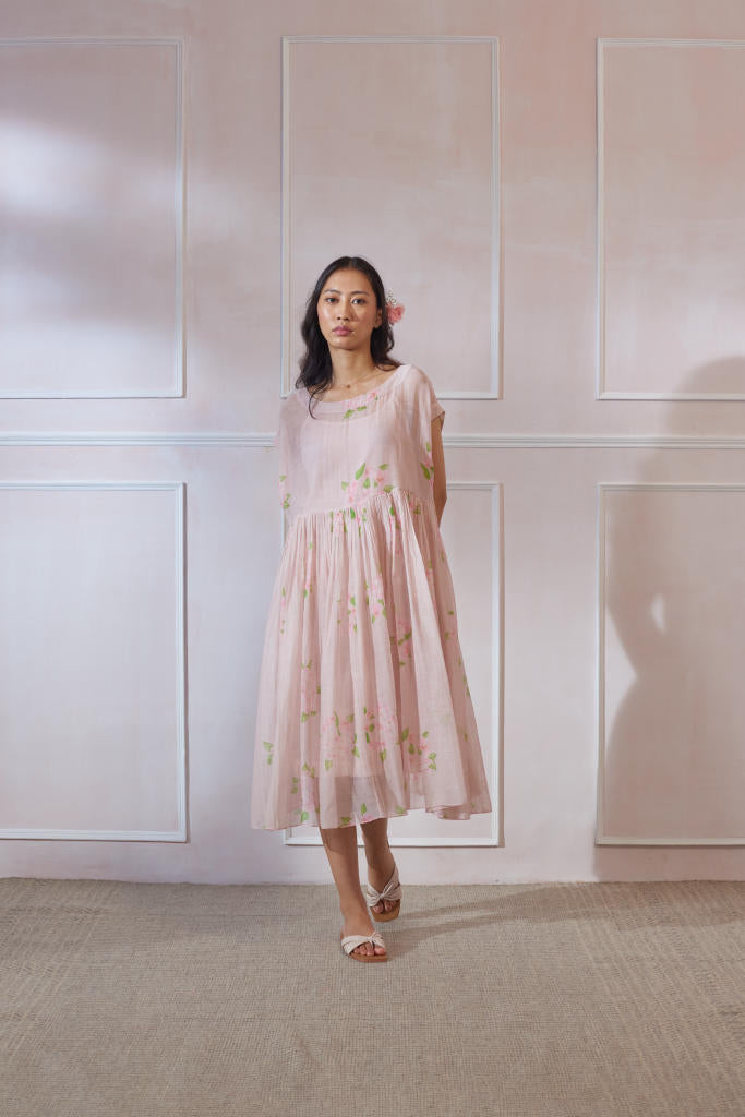Bougainvillea Tap Midi Dress silk by Nadiya Paar in pink color for women Worldwide