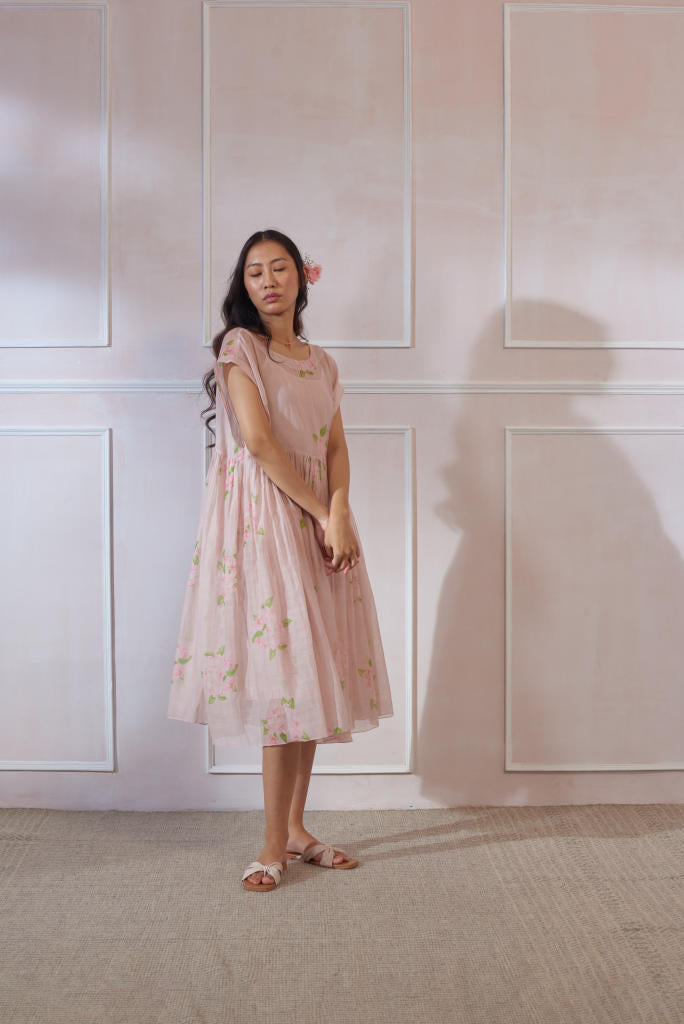Bougainvillea Tap Midi Dress silk by Nadiya Paar in pink color for women Worldwide