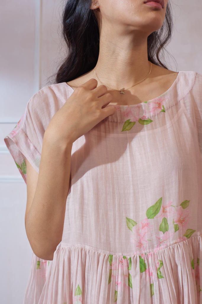 Bougainvillea Tap Midi Dress silk by Nadiya Paar in pink color for women Worldwide