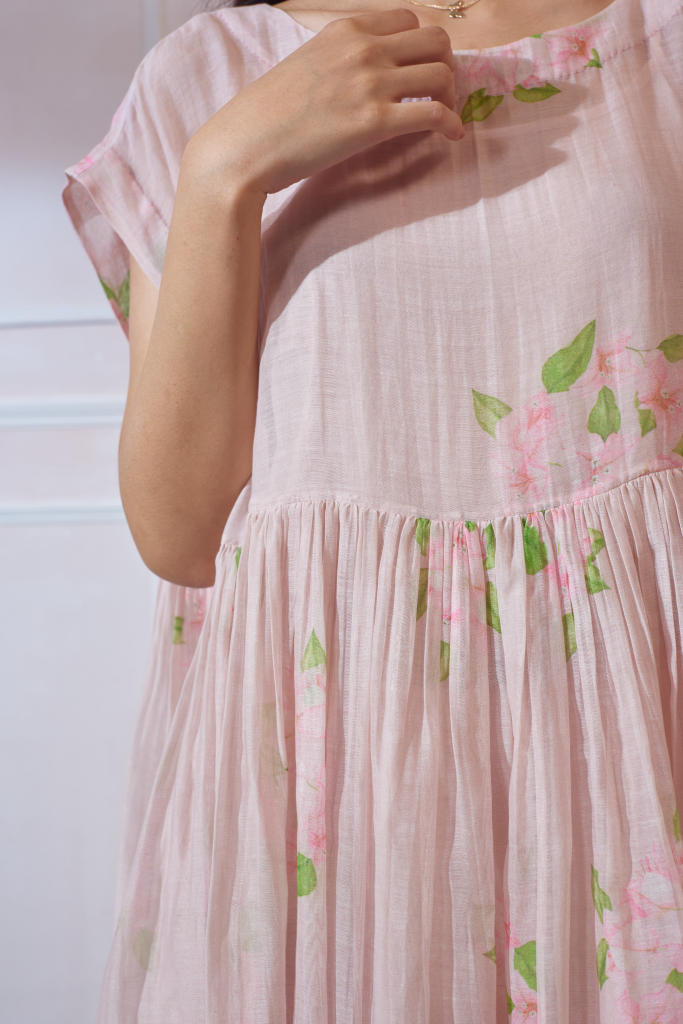 Bougainvillea Tap Midi Dress silk by Nadiya Paar in pink color for women Worldwide