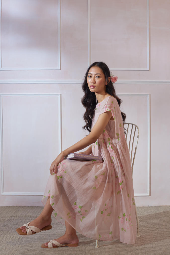 Bougainvillea Tap Midi Dress silk by Nadiya Paar in pink color for women Worldwide