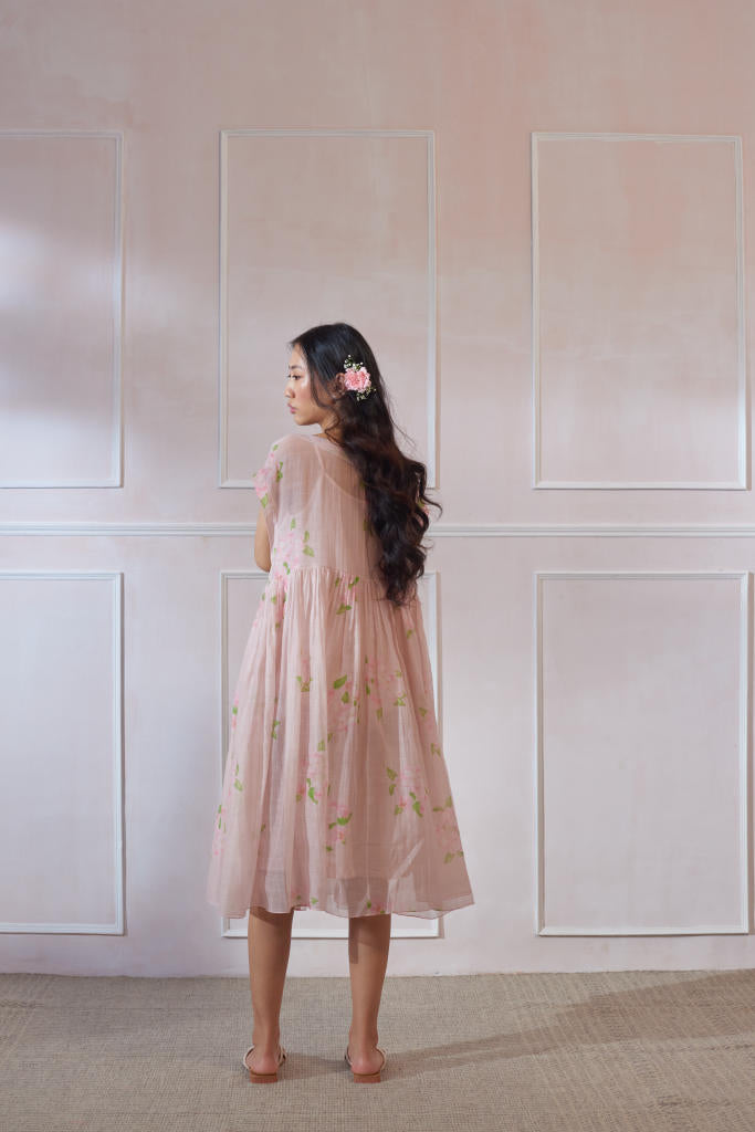 Bougainvillea Tap Midi Dress silk by Nadiya Paar in pink color for women Worldwide