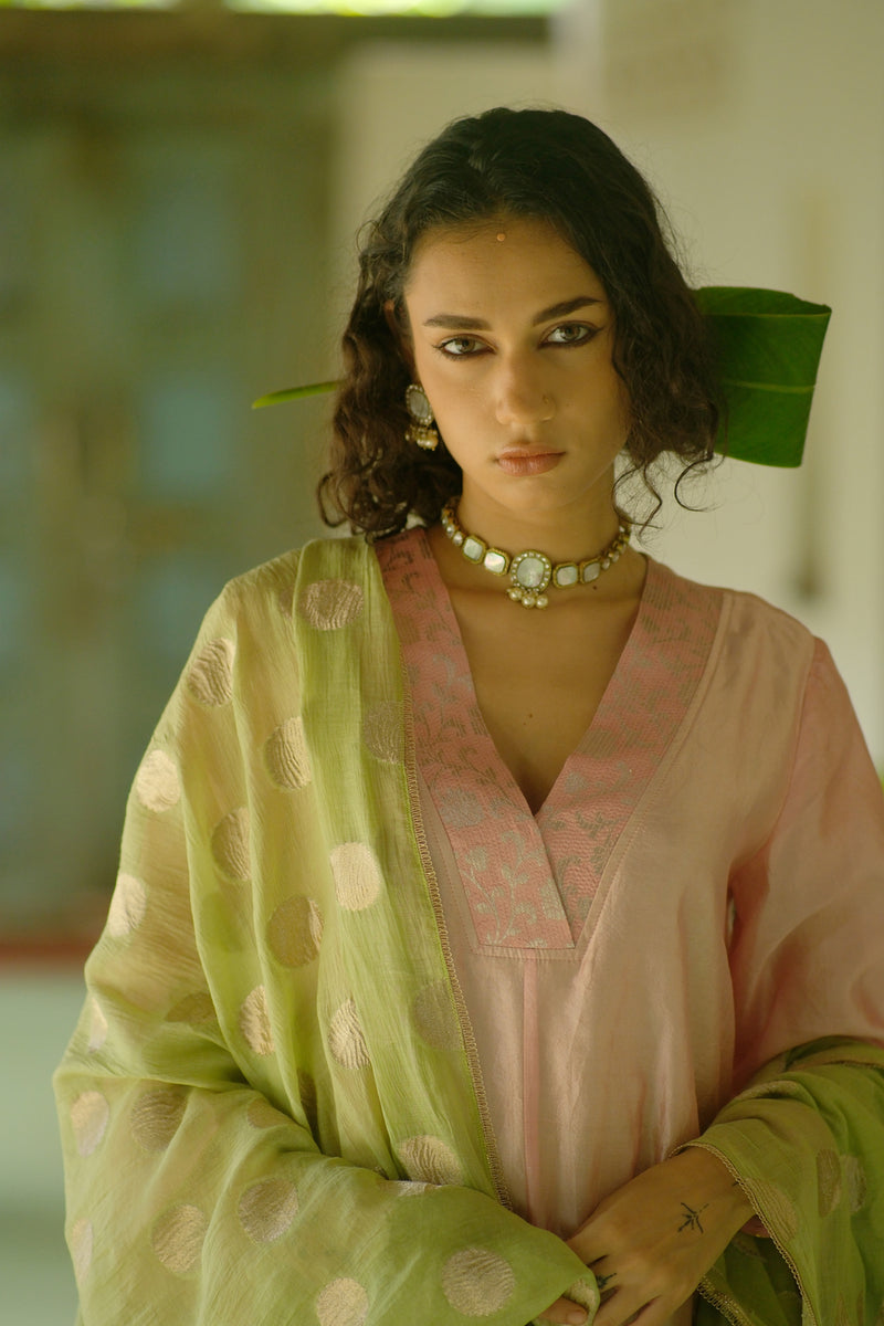 Saanjh Kurta Set dupion, chanderi silk kurta/kurta set by Myoho in pink for women Worldwide