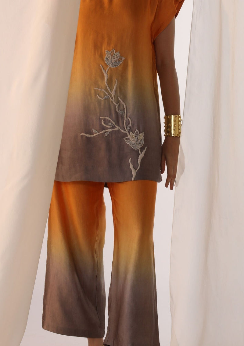 Linen satin ombre co-ord set with floral handwork satin by Myoho in orange color for women Worldwide