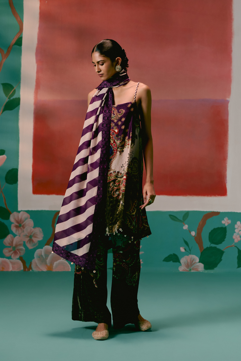 Olive & Purple Paisley Kurta Set by Label Mogra in olive color for women Worldwide
