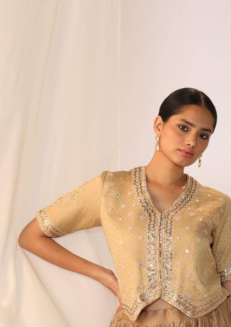 Brocade waistcoat paired with a crushed skirt-Champagne mist silk by Myoho in beige color for women Worldwide