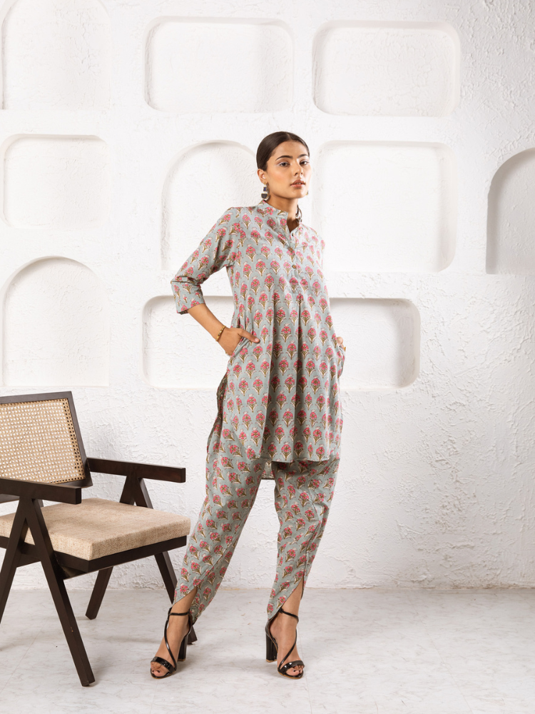 Pink Pansy Dhoti Co-Ord Co-ord Set by Marche in grey color for women Worldwide