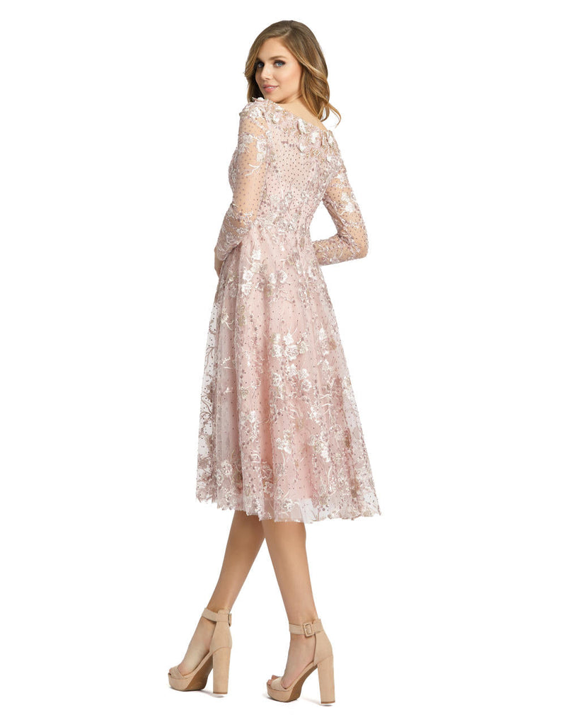 70229-Long Sleeve Floral Embroidered Tea Length Dress by Mac Duggal for women Worldwide