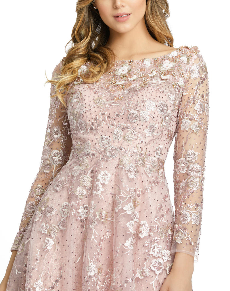 70229-Long Sleeve Floral Embroidered Tea Length Dress by Mac Duggal for women Worldwide