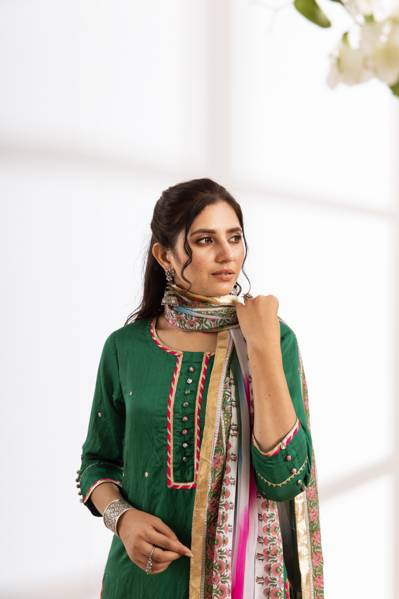Rasika Harita Kurta Set - green hand block printed chanderi kurta set chanderi by Maison Shefali in green color for women Worldwide