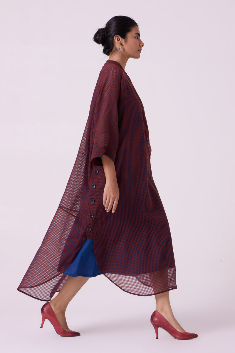 Fosco Blue Checkered HandwovenTunic handwoven silk cotton tunics/kaftan by The Summer House in blue for women Worldwide
