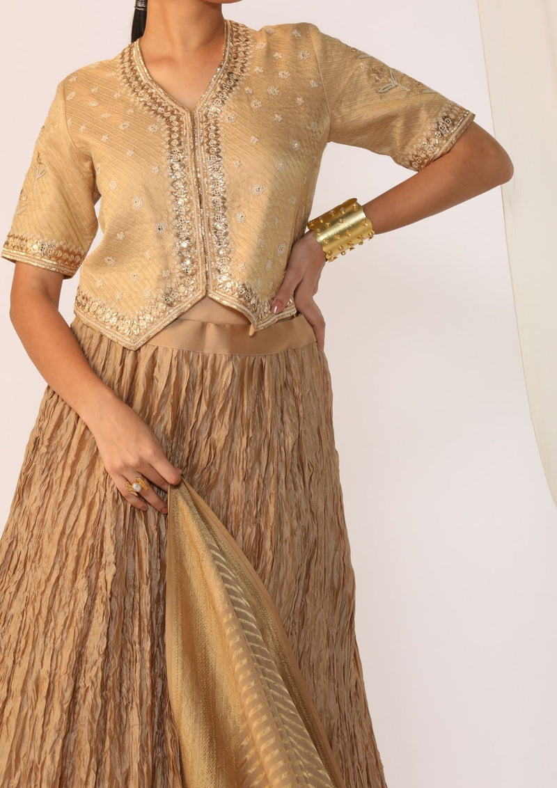 Brocade waistcoat paired with a crushed skirt-Champagne mist silk by Myoho in beige color for women Worldwide