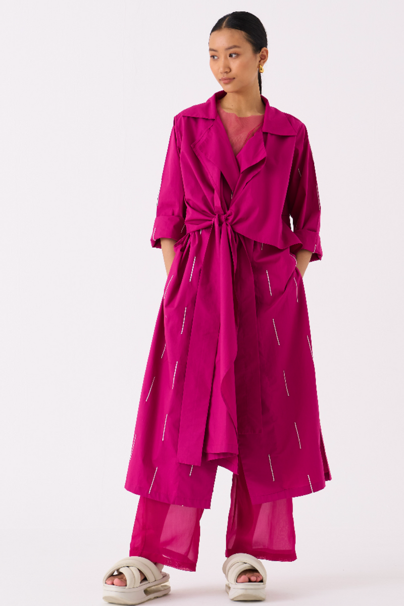 EMB. TIE JACKET CO-ORD 
(SET OF 2)-FUSCHIA poplin by THREE for women Worldwide