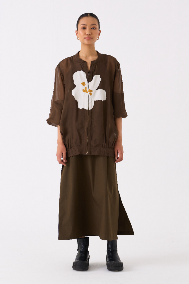 FLORAL APPLIQUE BOMBER JACKET-DARK OLIVE organza by THREE in olive color for women Worldwide