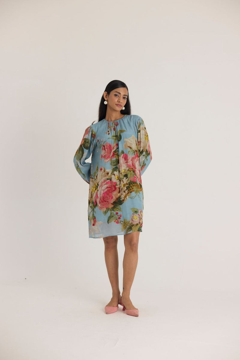 TAFFY EMBROIDERED SHORT DRESS by Yam in blue color for women Worldwide