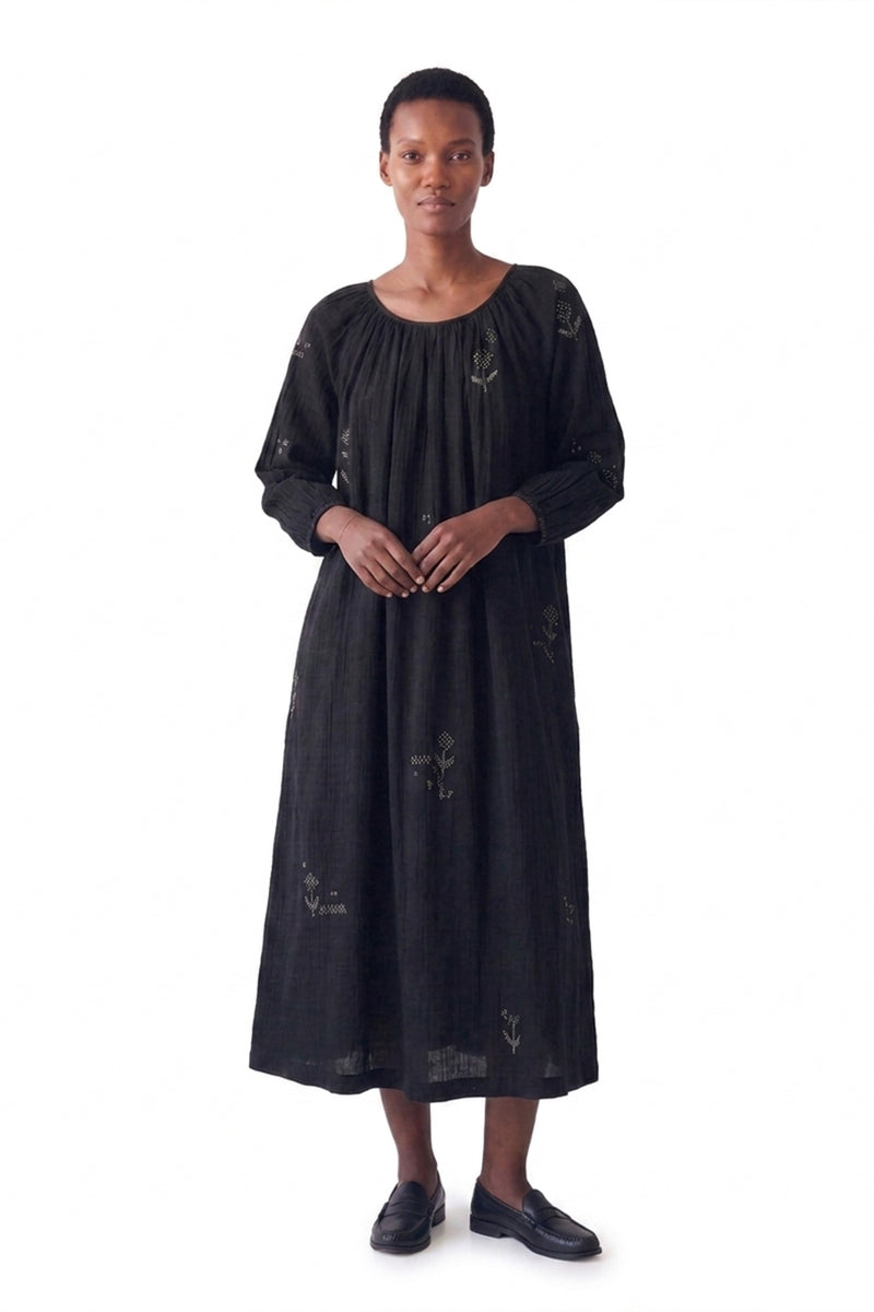 The Scoop-Neck Gathered Dress-Black cotton jamdani dress by World of Crow in black for women Worldwide