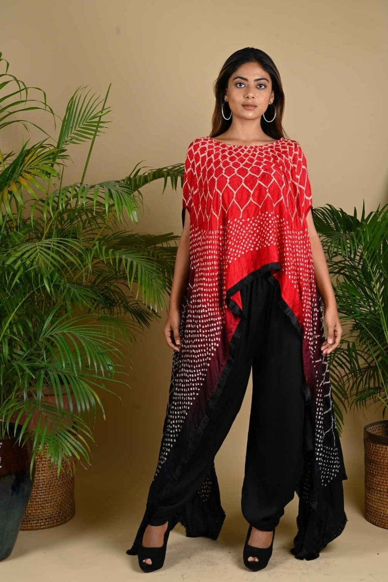 FRINGE CAPE-RED BLACK SHADED silk by Dyelogue in red color for women Worldwide