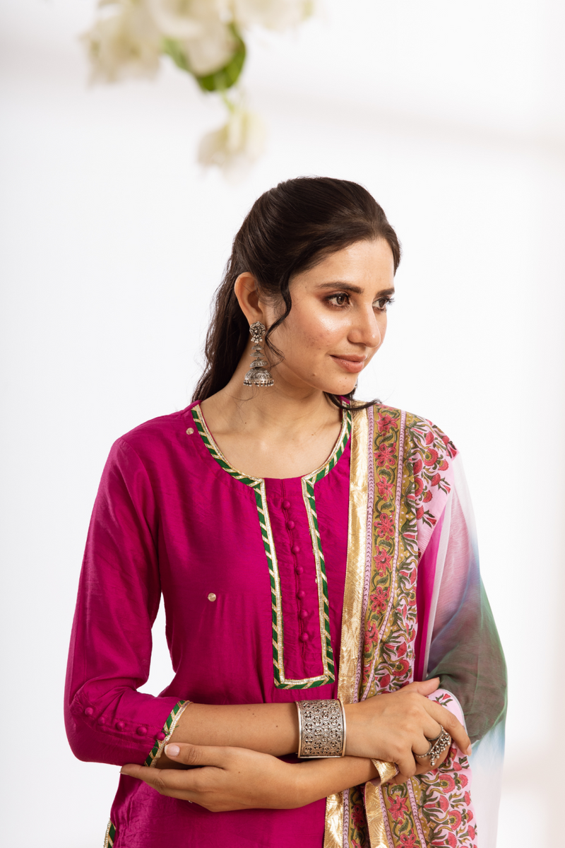 Rasika Gulabi Sharara Set - pink hand block printed chanderi sharara set chanderi by Maison Shefali in pink color for women Worldwide